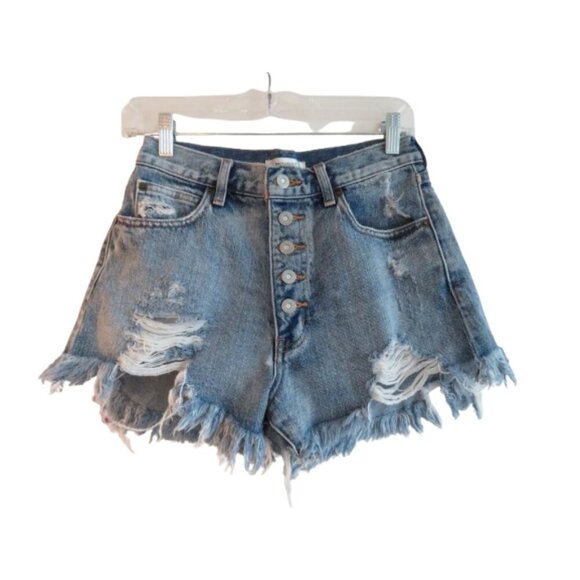 MOUSSY VINTAGE Exposed Button Fly Distressed Raw Hem Jean Shorts - Picture 1 of 15